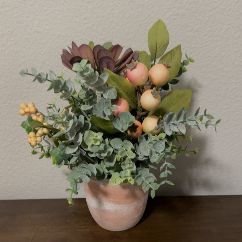 Elegant Faux Floral Arrangement in Terra Cotta style Vase